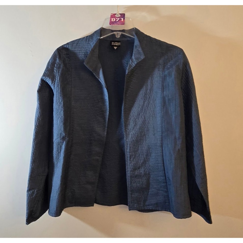 Eileen Fisher Women Jacket Blue 100% Silk Ribbed Open Front Lightweight Size M